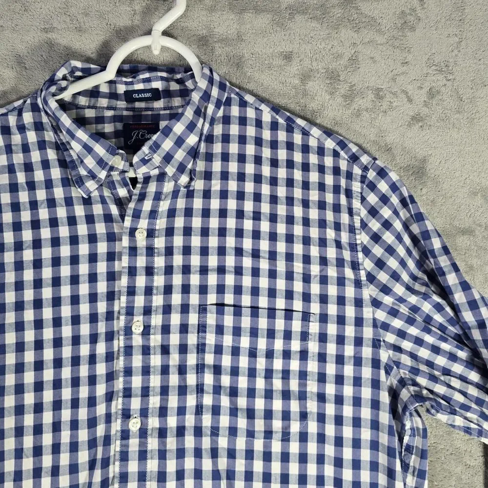 J.Crew Button Down Shirt Men Large‎ Performance Classic Stretch Blue White Check